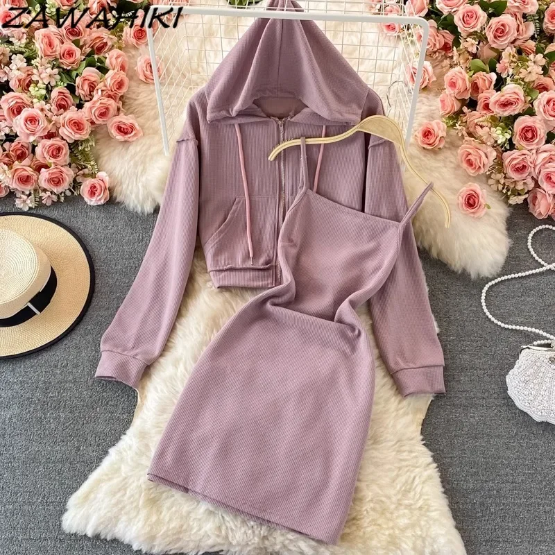 

Casual Two Piece Set Women Pockets Zipper Design Hoodie Sweatshirt + Slim Waist Camisole Dress Office Lady Fashion Ropa Mujer