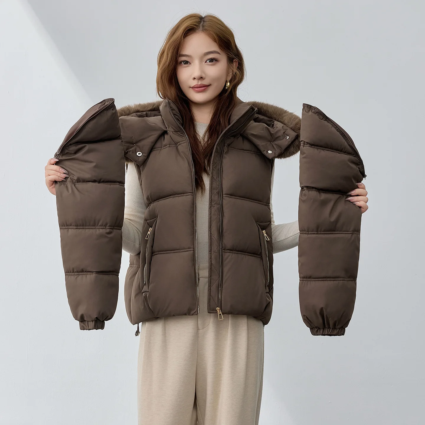 

Women's Lightweight Thickened Jacket Winter Fashion Detachable Sleeves Fur Collar Warmth Loose Parkas Hooded Cotton Outwear