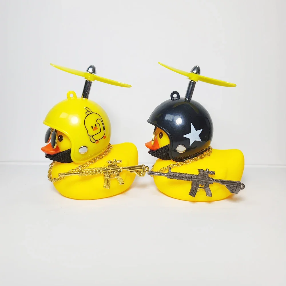 Rubber Duck with Weapon Car Ornaments Yellow Duck Car Dashboard Decorations Cool Glasses Duck with Propeller Helmet