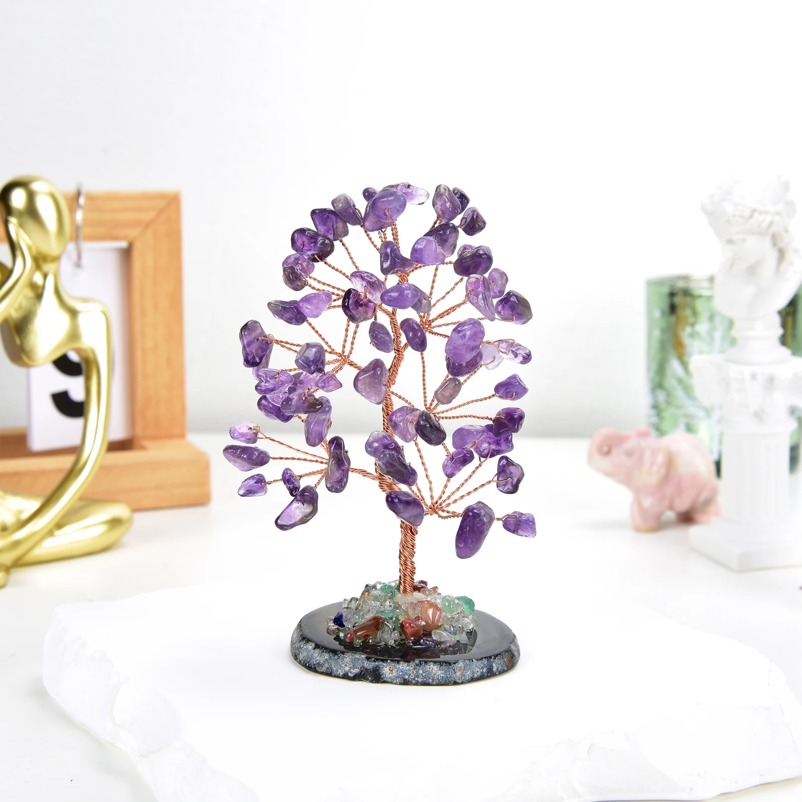 Lucky Crystal Tree Random Stone Base Natural Amethyst Money Tree for Positive Energy Crystal Tree Home Office Decoration