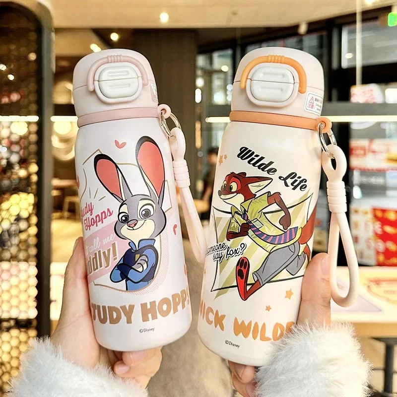 X&W Disney 500ml Children Insulated Water Cup 316 Stainless Steel Judy Nick Vaccum Flask Outdoor Straw Water Bottles for Student
