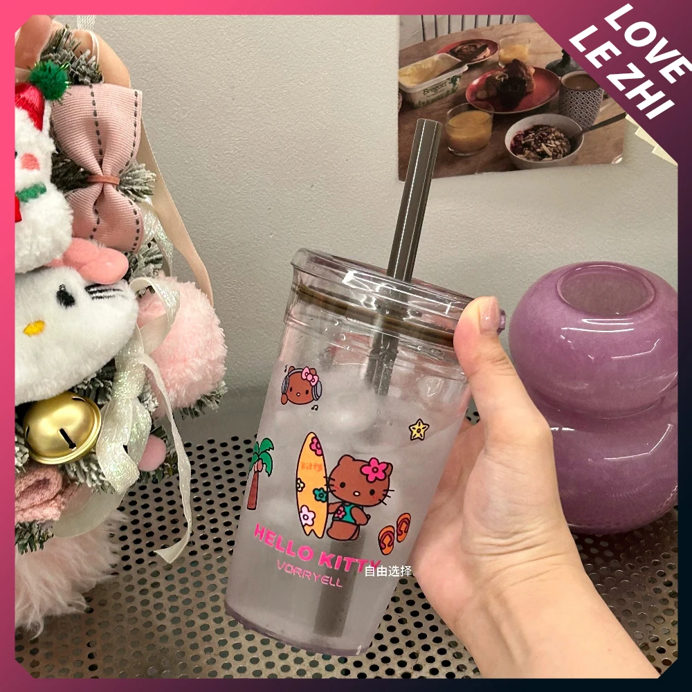 

450Ml Cartoon Hawaiian Kt Cat Large Capacity Transparent Water Cup High-Temperature Resistant with Lid Straw Coffee Milk Cup