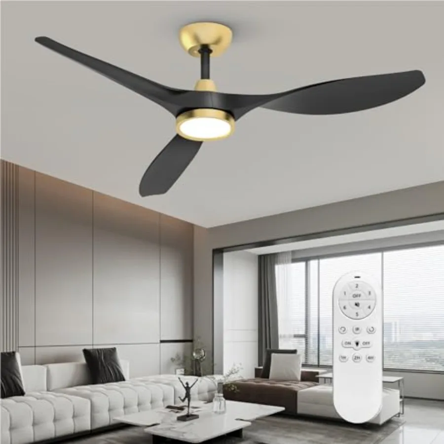 

Living room ceiling fan with light and remote: 52-inch black and gold plastic blades, quiet reversible DC motor, 6 speeds, time