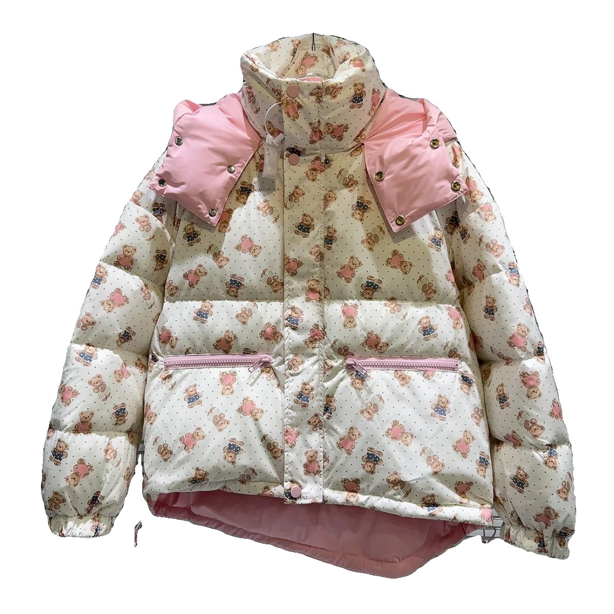 Warm Cartoon Bear Floral Printed Puffer Jacket Female Student 2024 Winter New Cute Loose Hooded Down Coat Chaquetas Para Mujer