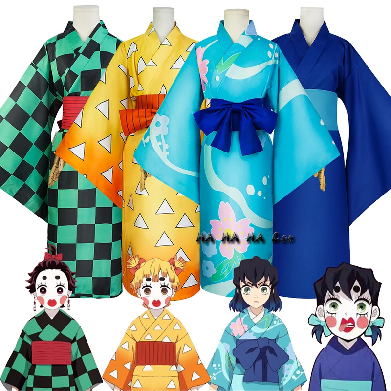 

Agatsuma Zenitsu Kimono Anime Cosplay Costume Kamado Tanjirou Hashibira Inosuke Printed Kimono Dress For Woman Halloween