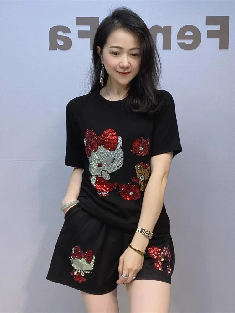 

Women's Faion Design Slimming ort Sve T-irt Wide Leg orts Two-Piece Set New Summer Sle Rhinestone Detail Cotton ...