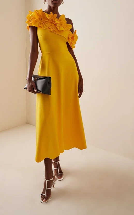 

Solid Color Three-Dimensional Flower Decoration Slanted Neck Off Shoulder Slim Fit Dress for Women's Summer Elegant Dress