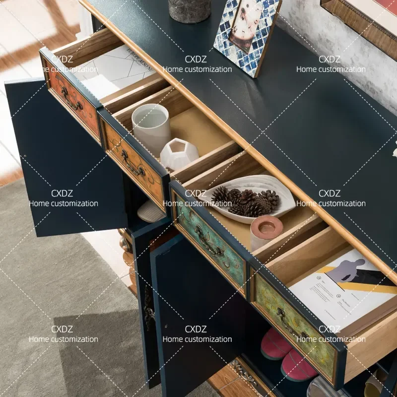 1.5m Solid Wood Shoe Cabinet 4 Doors 4 Tiers Large Capacity Blue Retro Painted Storage Locker Entryway Furniture
