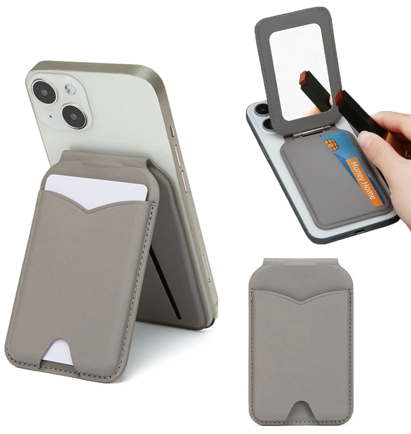 

Magnetic Wallet Phone Stand with Mirror Adjustable PU Leather Magsafe Mobile phone Card Holder for iPhone 16 15 14 13 12 Series