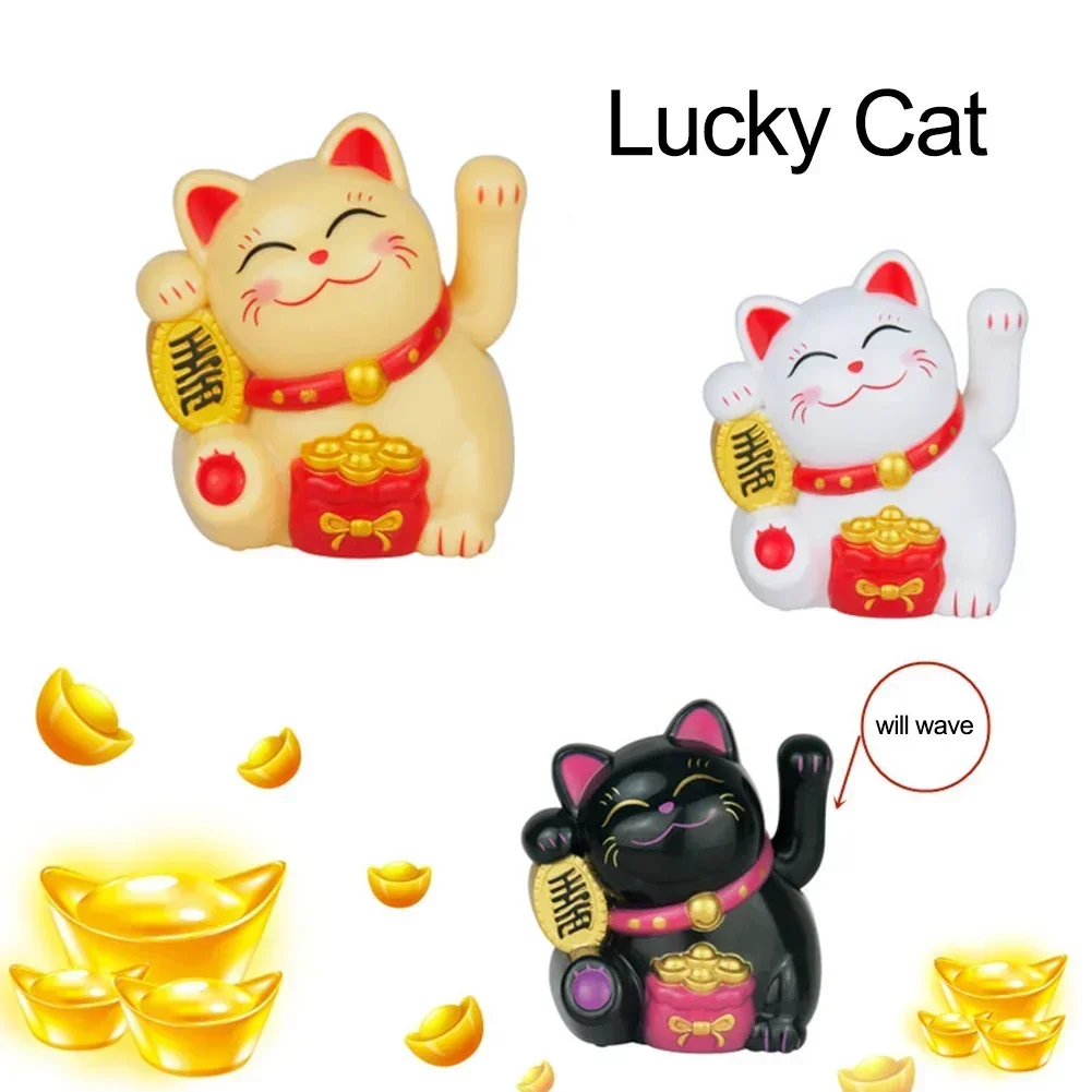 1pc Mini Solar Lucky Cat Automatic Waving Maneki Neko Beckoning Fortune Cat Figurines Car Home Ornaments Decoration Gift