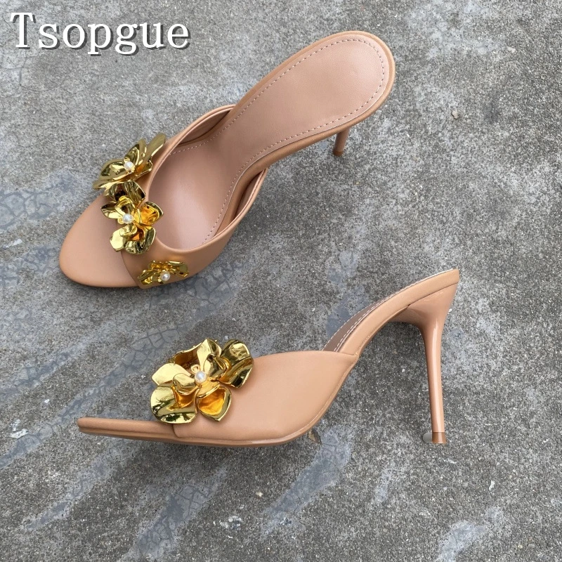 Mules chic pour femme à talon haut et bout ouvert, or brillant, décor floral 3D, sandales à talon aiguille sans bride, chaussures de soirée de luxe pour mariage et fête