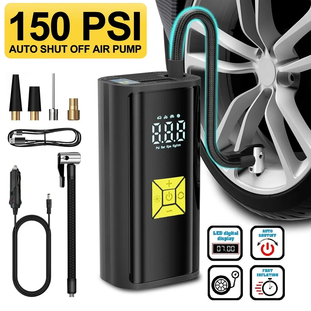 Protable Car Air Pump Wired/Wireless Smart Air Compressor with LED Light 150PSI Tire Inflation Pump for Motorcycle Bicycle Ball