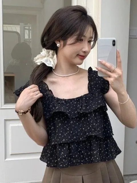 

Camisas De Mujer Print Chiffon Blouses Women's Clothing Flying Sleeve Folds Shirts Crop Tops Square Collar Loose Summer Blouse