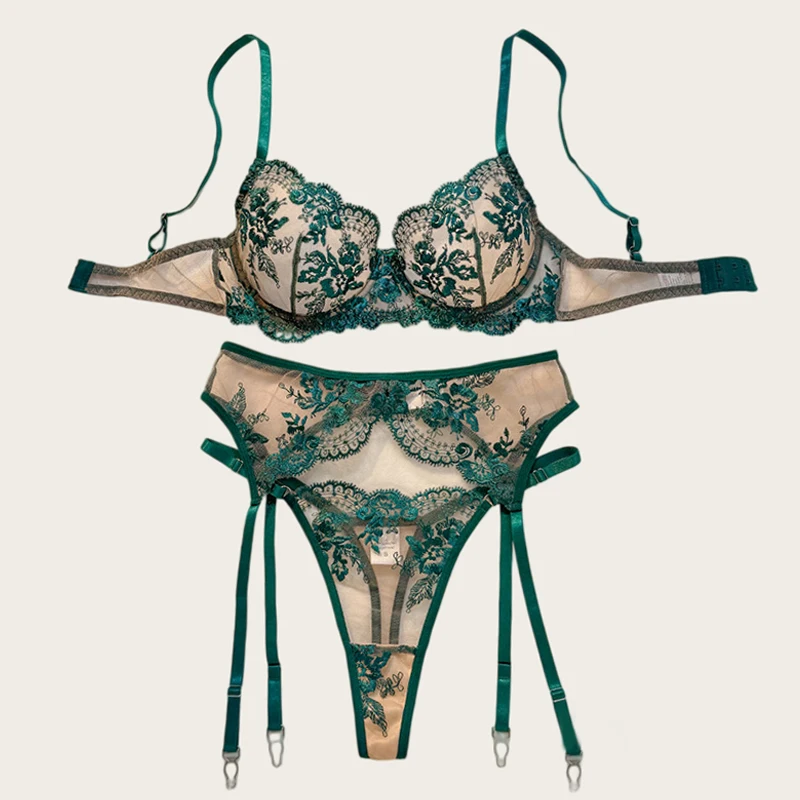 Sexy Damen-Dessous Set mit Blumenstickerei, 3-teiliges Mesh-Unterwäsche-Set, Ultradünne Französische Intim-Dessous-Garnitur