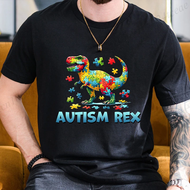 Funny Autism REX Awareness Puzzle Unisex T-Shirt Acceptance Neurodiversity Tshirts Short Sleeve Tees Adults Kids Shirt Tops