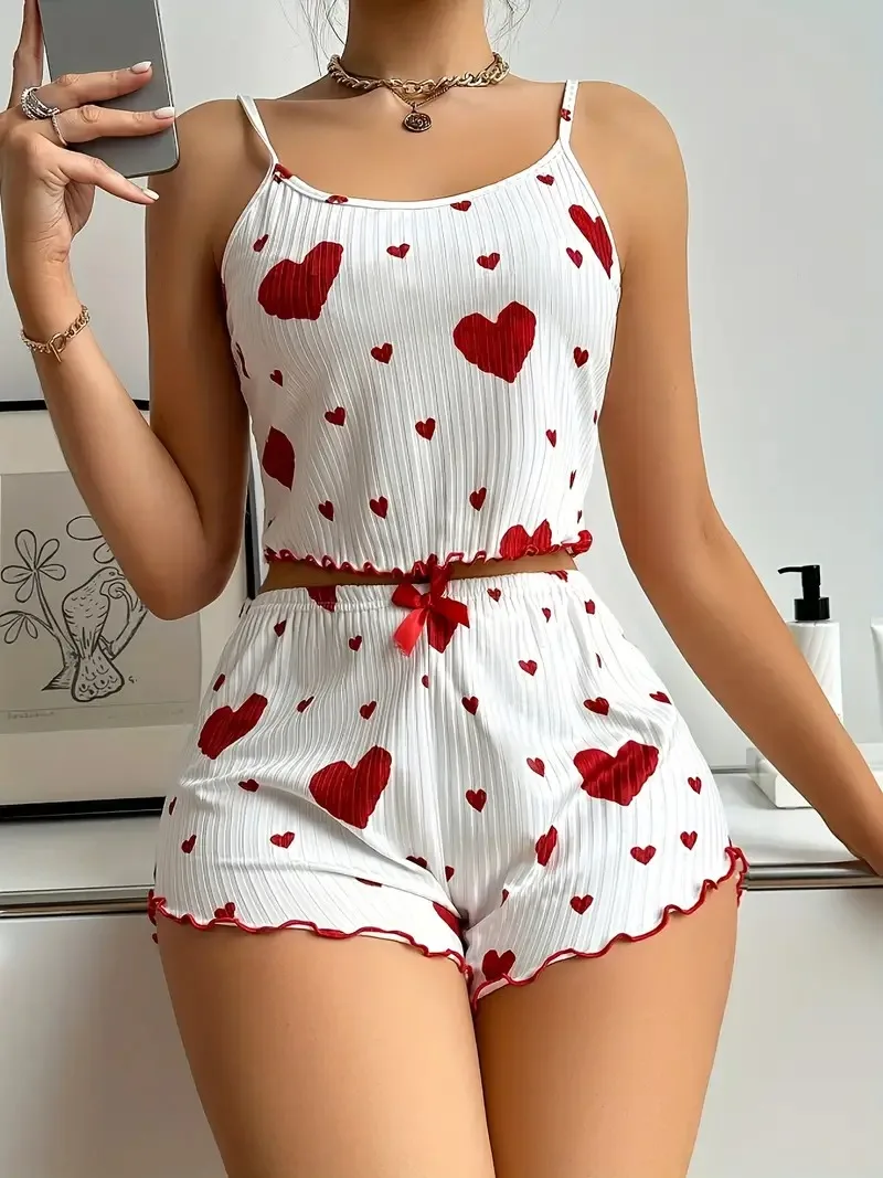 Summer Sleepwear Women Heart Print Relaxed Fit Pajama Set Round Neck Backless Crop Cami Top and Shorts Set Loungewear