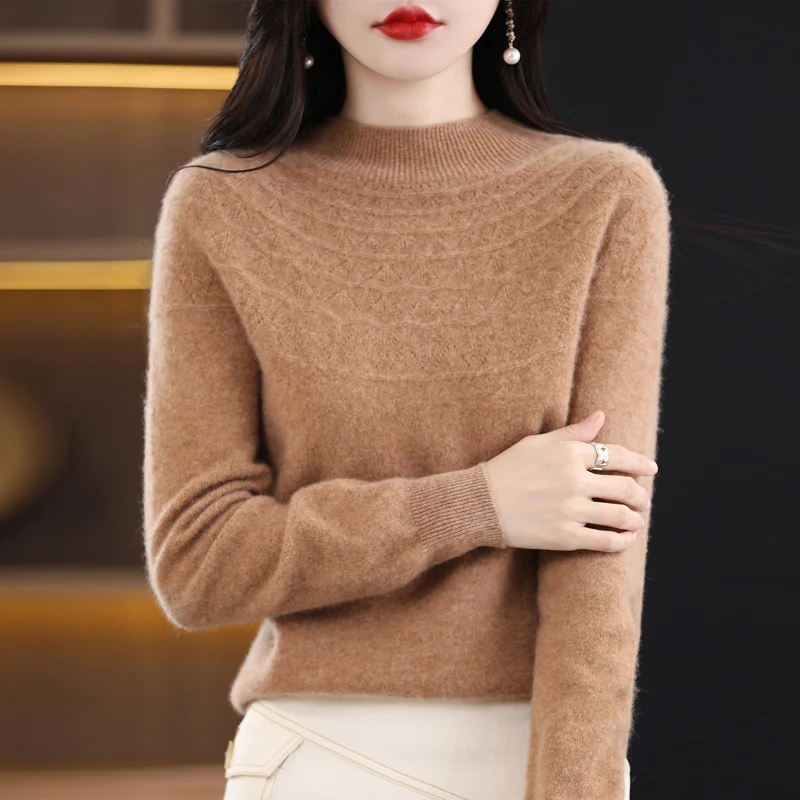 Women\'s Autumn And Winter First-line Half Height Knitted Sweater 100% Wool Sexy Hollow Out Versatile Top Fashion Pullover NJR