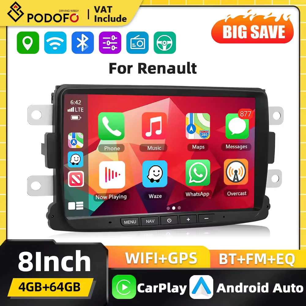 Podofo Carplay Android Autoradio für Renault Dacia Lodgy Sandero Logon Captur GPS Navigation WIFI Android Auto FM RDS EQ