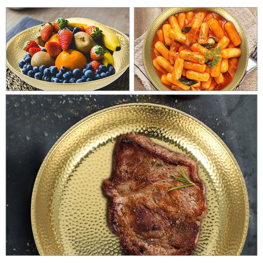 

Stainless Steel Serving Plate Round Hammered Design Corrosion Resistant Kitchen Food Dish For Pasta Steak Salad Buffet