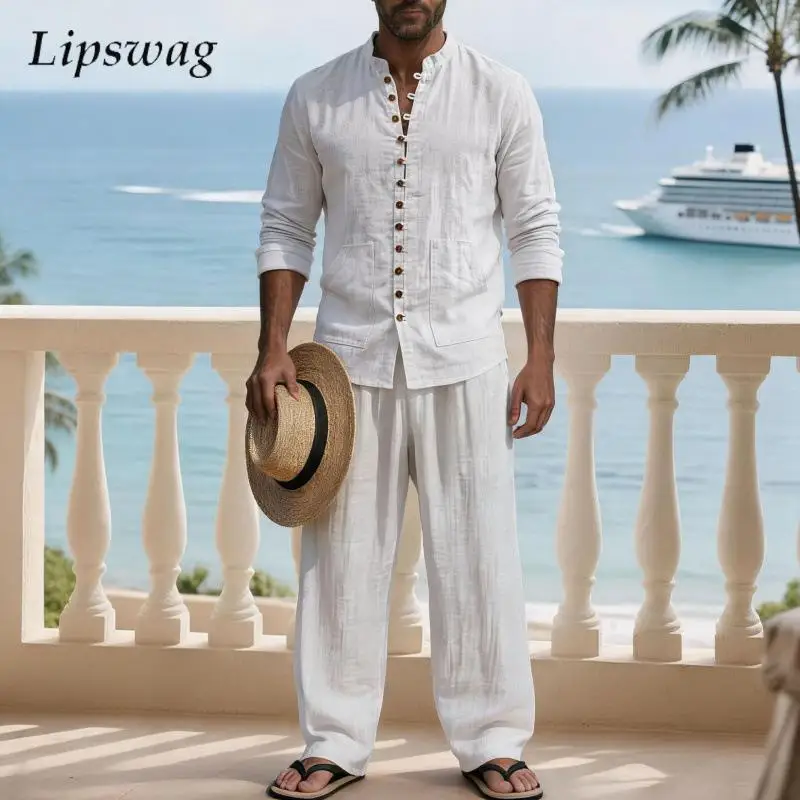trendy-men-linen-long-sleeve-shirt-and-pants-two-piece-suits-fall-solid-color-henley-stand-collar-daily-outdoor-mens-outfits-men