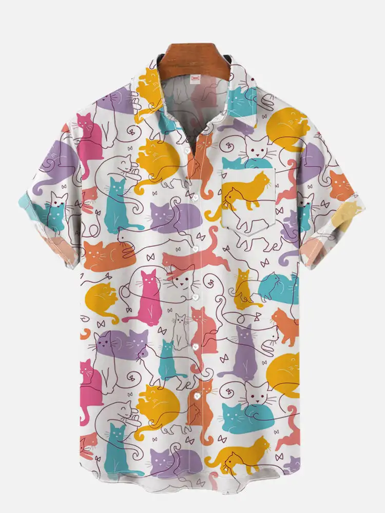 Men\'S Cute Cat Printed Casual Shirt Daily Wear 3D Printing Classic Short Sleeve Fashion Hawaiian Shirts For Men Harajuku