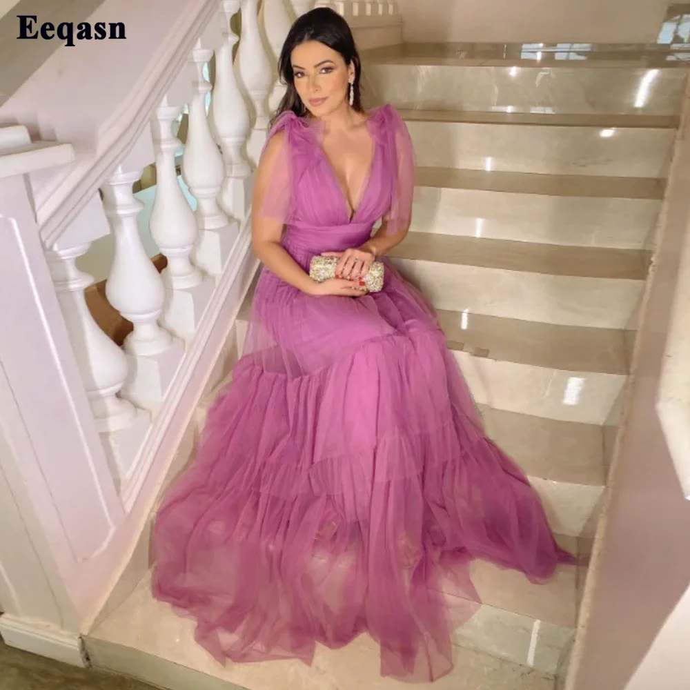 

Eeqasn Simple Tiered Tulle Long Prom Dresses V-neck Formal Evening Gowns Backless Wedding Party Gowns Custom Made Women Dress