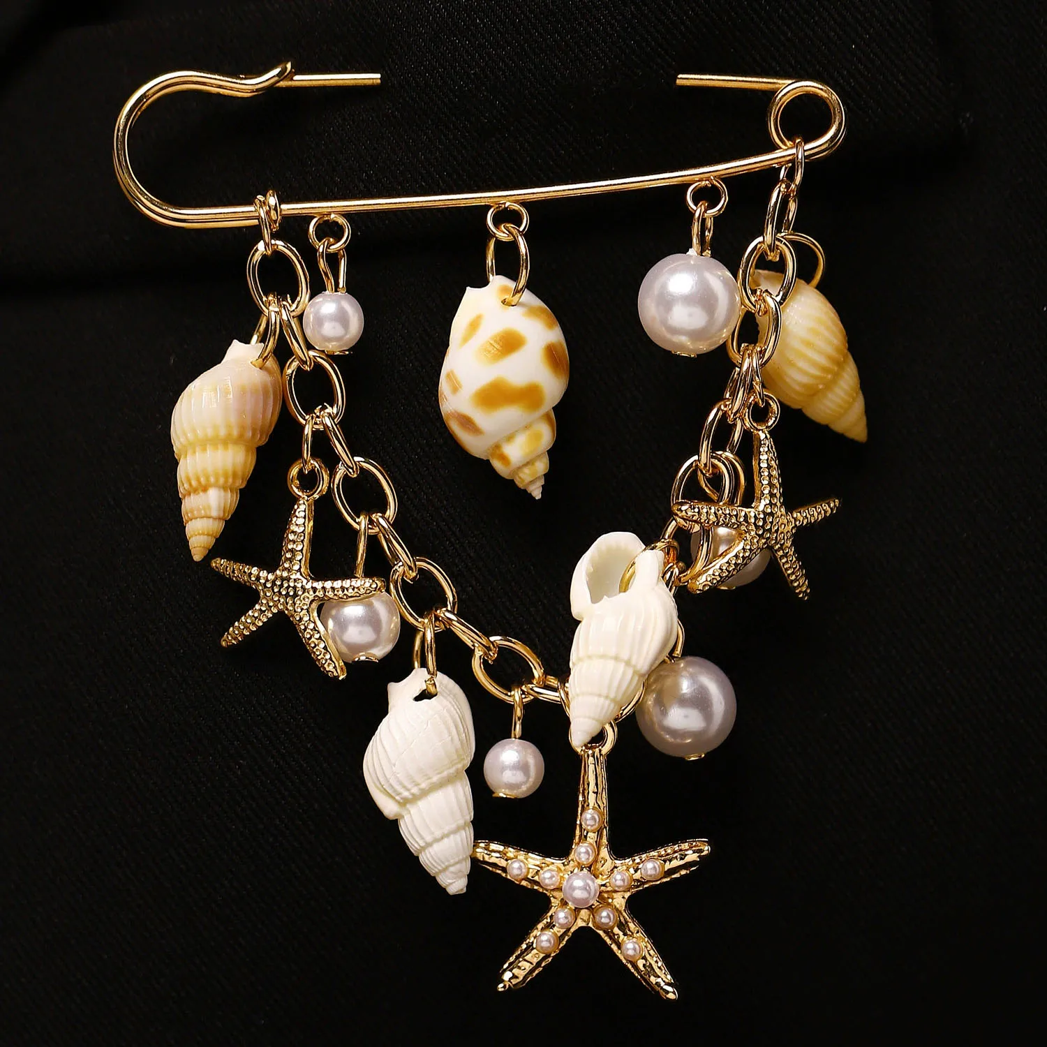 Summer Vacation Style Conch Starfish Imitating Pearls Tassel Chain Brooches for Women Fixed Clothes Suits Safety Pin Jewelry