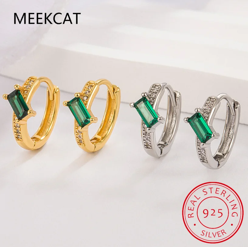Emerald Cut Green Simulated Nano Emerald 925 Sterling Silver Geometric Hoop Earring for Woman Gemstone Fine Jewelry Wedding Gift