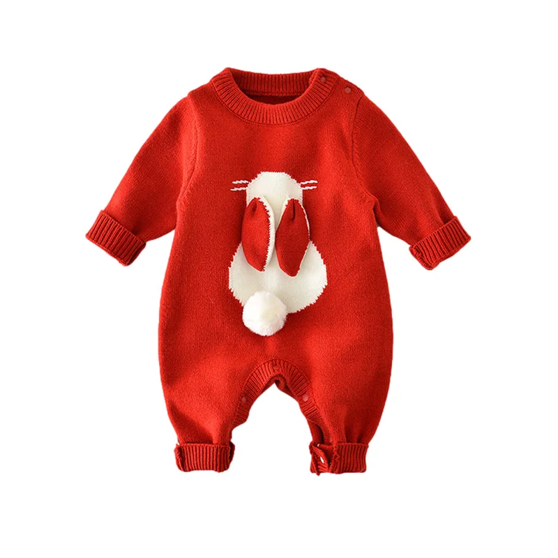 Cute Bunny Knit Jumpsuit for Kids Autumn Winter Baby Romper Red Christmas Clothes Newborn One-Piece Onesie Toddler Girls Outfit