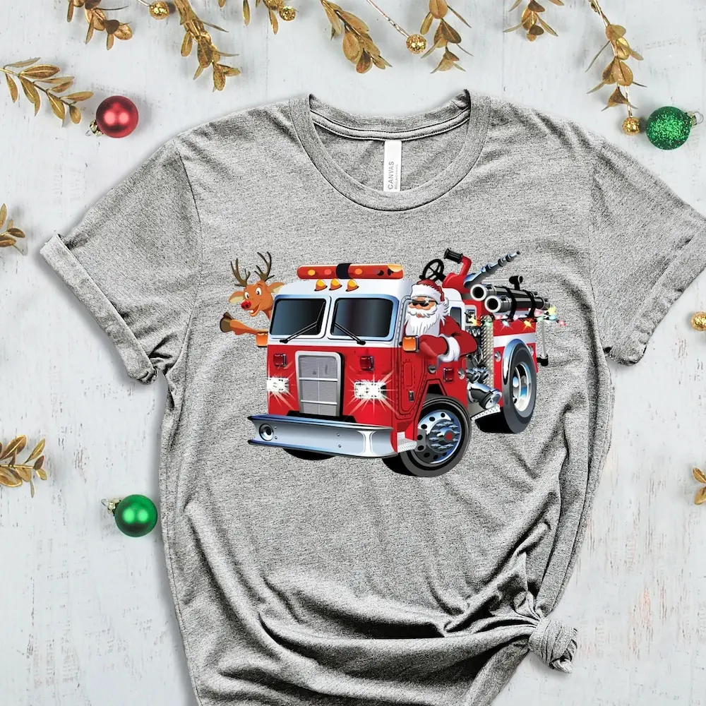 Fireman Santa T Shirt Xmas Santa'S Fire Truck Christmas For Boys Kids