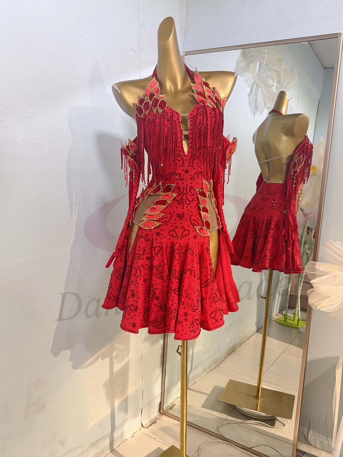 Lateinamerikanisches Tanzkostüm, Strass-Damenbekleidung, Hochwertiger Maßanfertigung Chinesischer Stil Rock mit Beinschlitz, Samba-Auftrittskleid