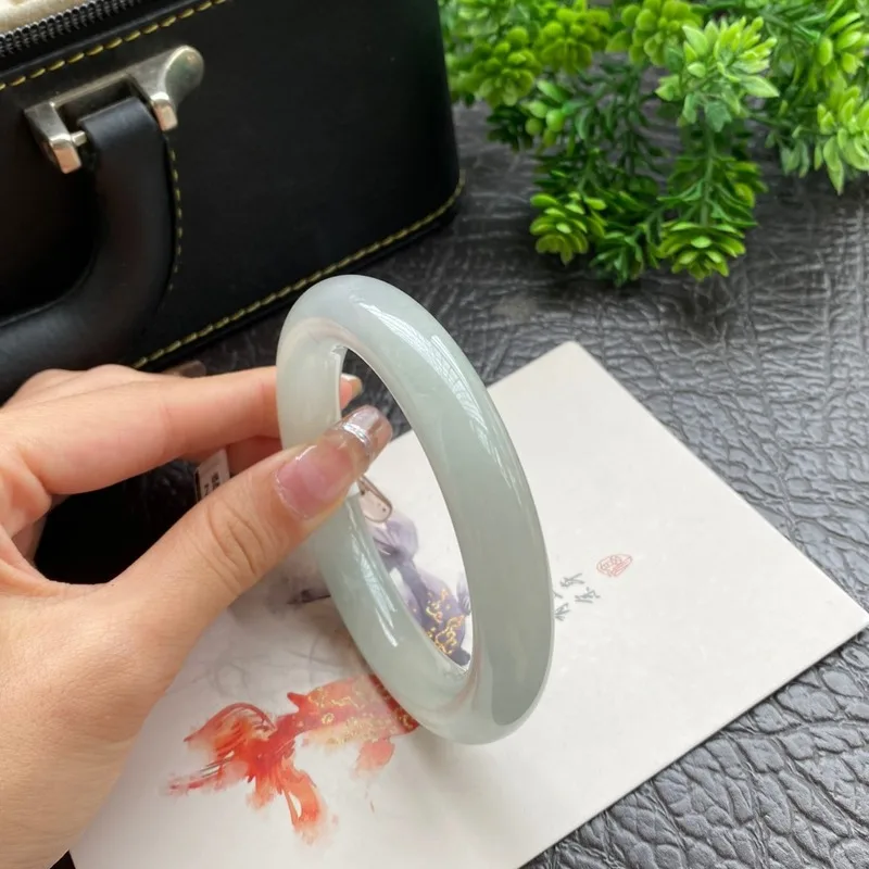 Myanmar for women, soft jadeite light green with floral patterns, solid color, thick round bracelet, elegant an view 2