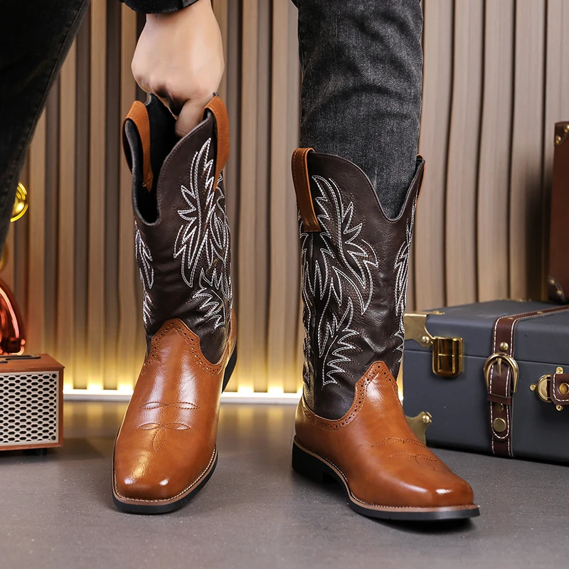 Classic Cowboy Boots Men PU Mixed Color Patch Embroidery Comfortable Western Outdoor Boots Large Size 38-48