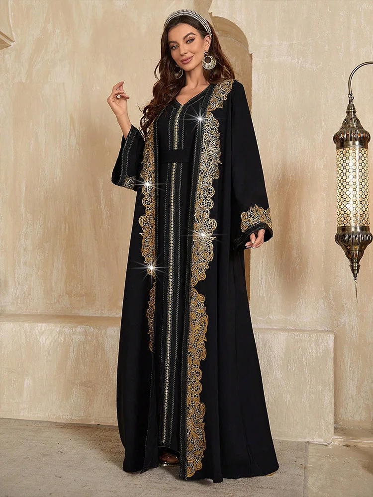 2pcs Fashion Women Plus Size Maxi Dress Kimono Open Abaya Muslim Matching Set Dubai Turkey High Quality Vestidos Morocco Kaftan