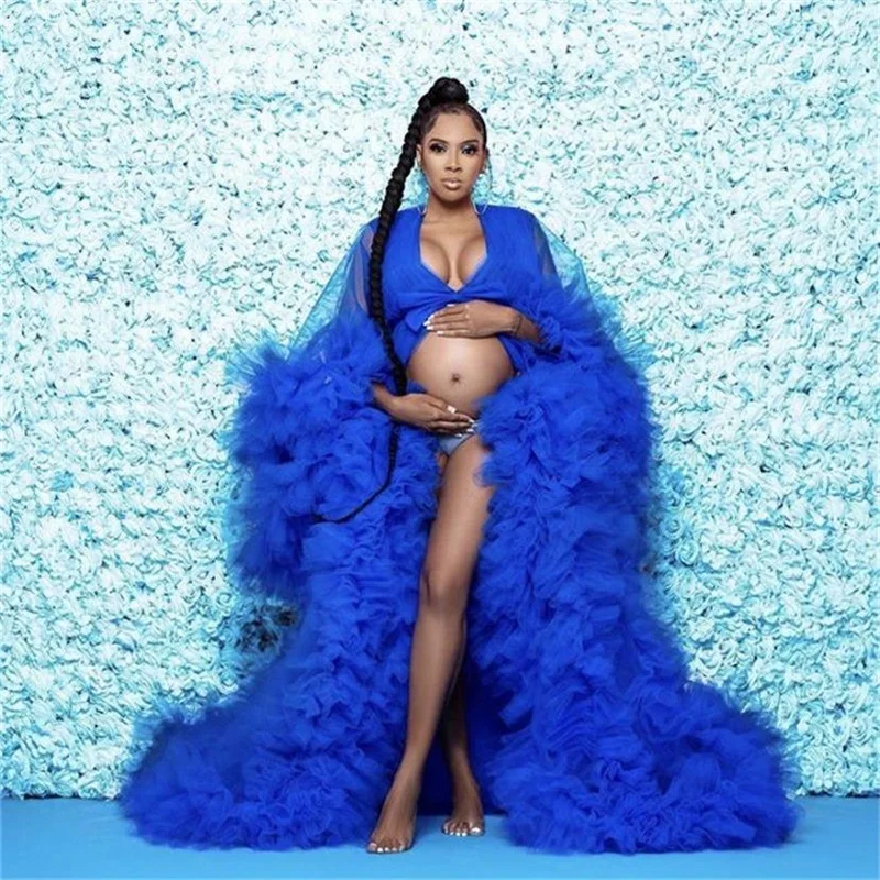 Vestido de maternidad azul real para embarazadas, sesión de fotos de graduación para vestido de noche, camisones de fiesta de tul hinchados con volantes, hecho a medida