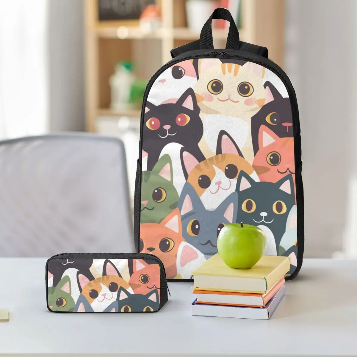 Cute Kitten Cat Cartoon Pattern Backpack Student BookBag School Bag Shoulder Bags 3ps Insulated Lunch Bag Pencil Case