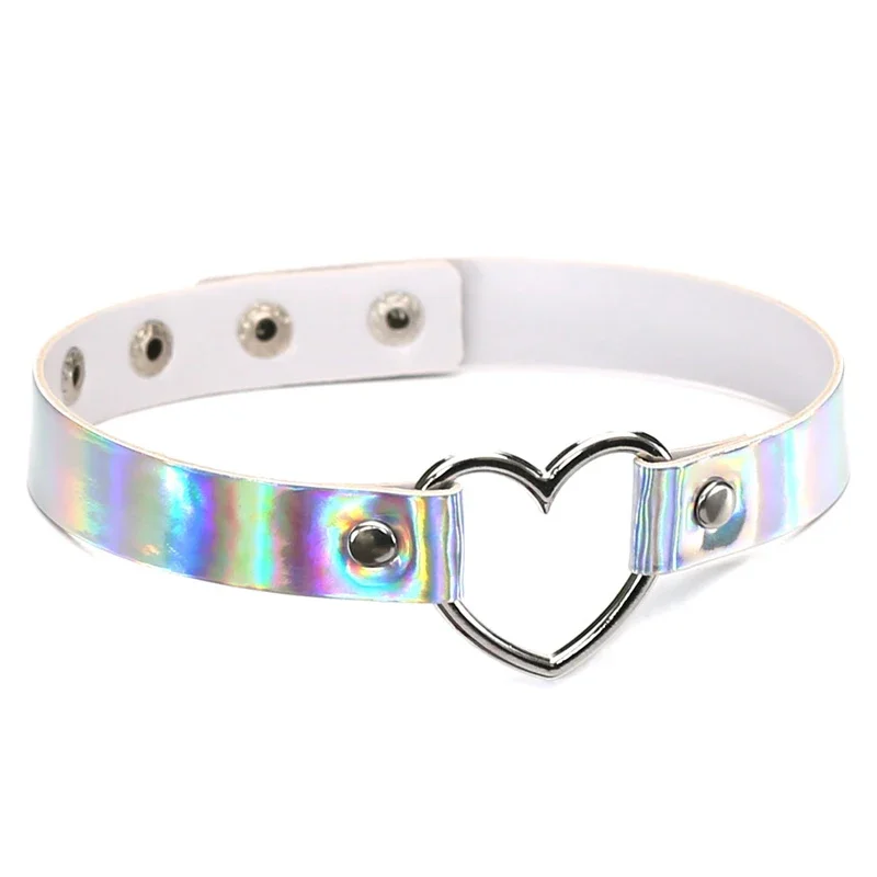 PU Leather Choker Necklace Gift For Women Holographic  Heart Metal Laser Collar Chocker Fashion Jewelry Colorful 