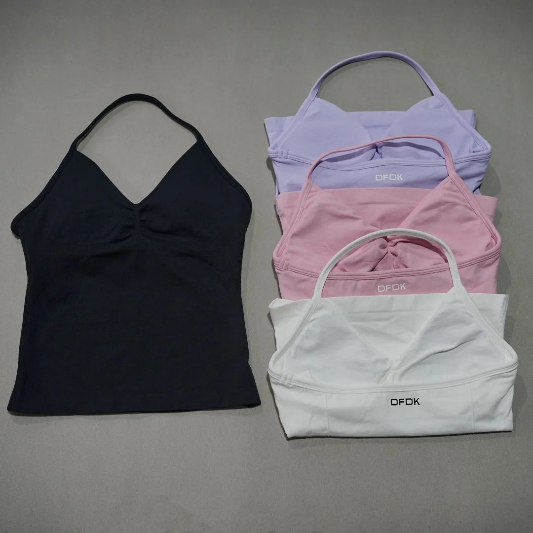 DFDK Women's V-Neck Sports Vest, Seamless Sleeveless Yoga Top, Detachable Padding, Breathable Slim Fit Gym Running Athletic Wear image 2