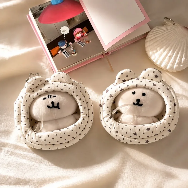 Cute Bear Plush Coin Purse Polka Dot Clear Window Mini Bag Keychain Pouch for Earbuds Coins Keys Mini Dolls Gift for Girls Women