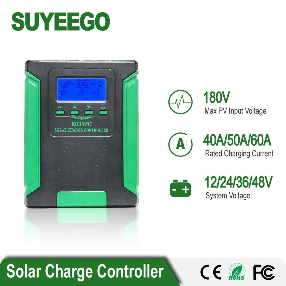 

MPPT Solar Charge Controller 60A 50A 40A 12V/24V/36V/48V Auto Max Solar Input 180VDC Solar Panel Charger Controller LCD Display