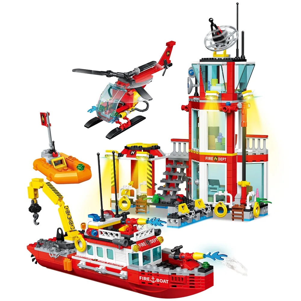 City Fire Station Building Blocks Set Marine Fire Department,Including Fire Station, Boats, Helicopter, Compatible with Legoed image 2