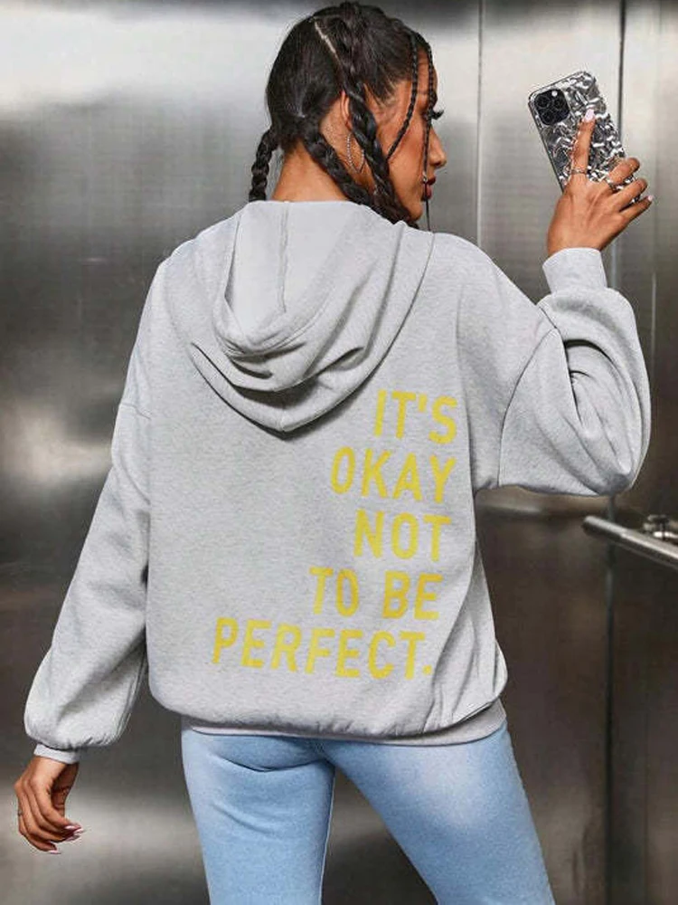 Lt\'s Her Not To Be Perfect Letter Pattern Printing Hoodie for Women, Long Sleeves, Pocket Sweatshirts, Warm Pullover, Fashion Cl