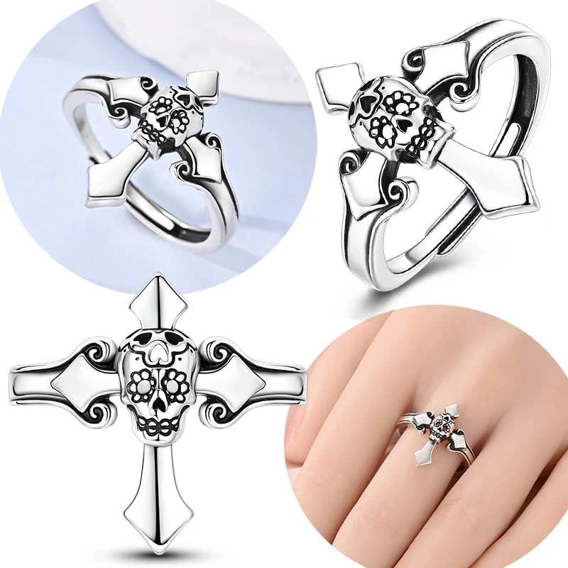 

Original 925 Sterling Silver Open Ring Adjustable Size Cross Skull Ring For Women Men Jewelry Gift