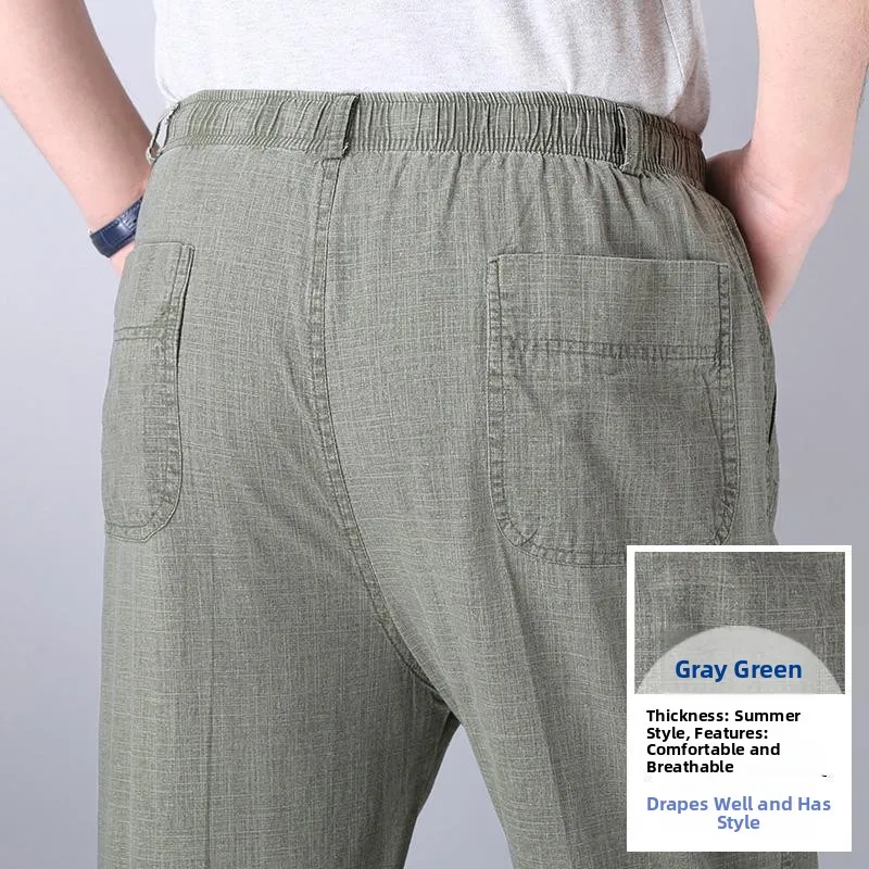 بنطلون رجالي كاجوال عالي الخصر من القطن والكتان، بنطلون صيفي رقيق مستقيم الساق وفضفاض بخصر مطاطي، ملابس مريحة لكبار السن