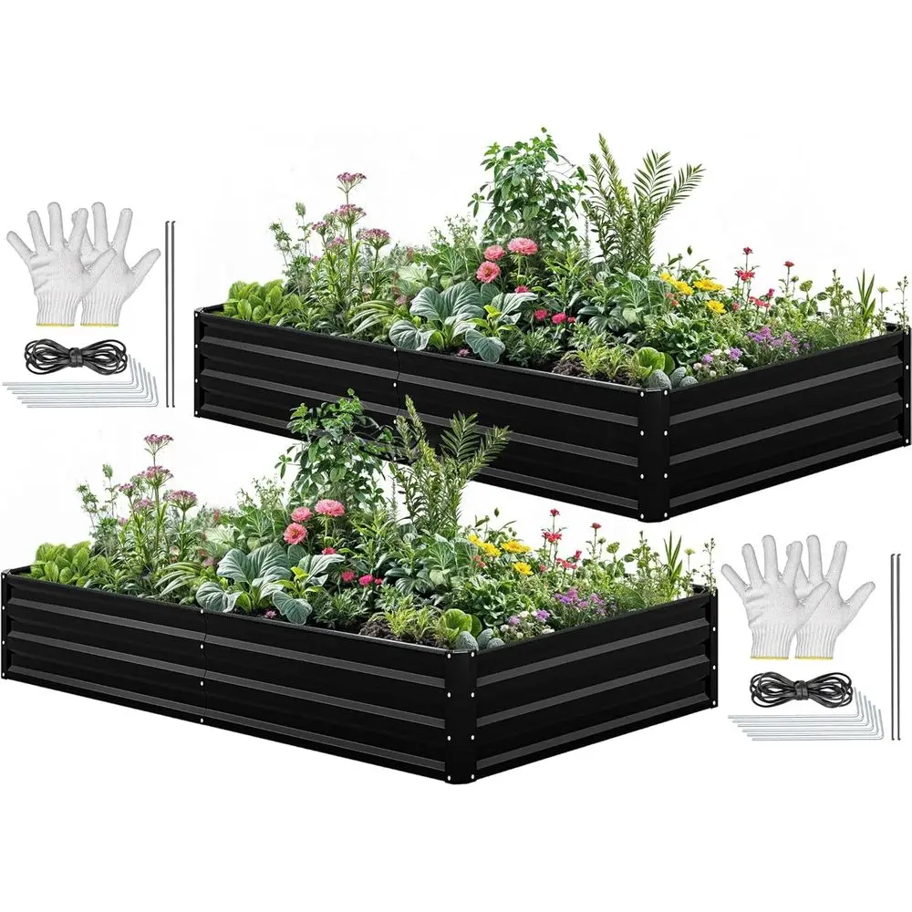 

96x48x12 Galvanized Steel Raised Garden Bed Kit, Large Planter Box with Gloves, Black