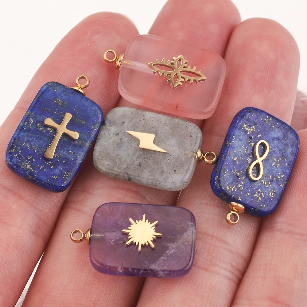 5pcs 12.5*17mm Natural Stone Stainless Steel Square Charms Quartz Cross Pendants DIY Earring Necklaces Jewelry Making Wholesale - Image 6