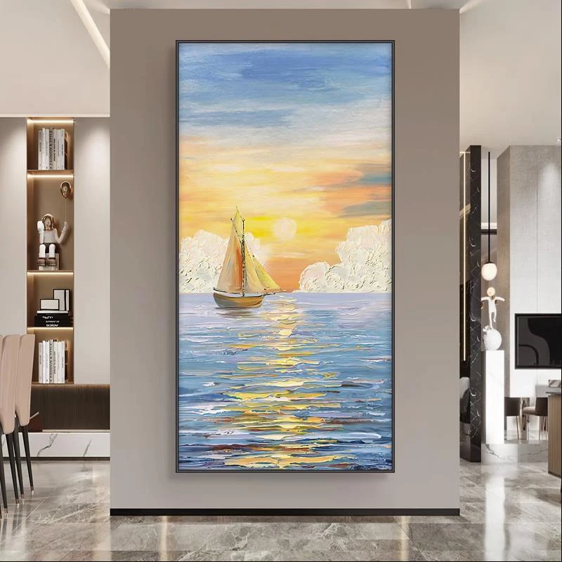 

OuzerQ 100% Hand Painted Oil Painting On Canvas Abstract Seascape Sailboat Picture Wall Art Living Room Home Decoration Unframed