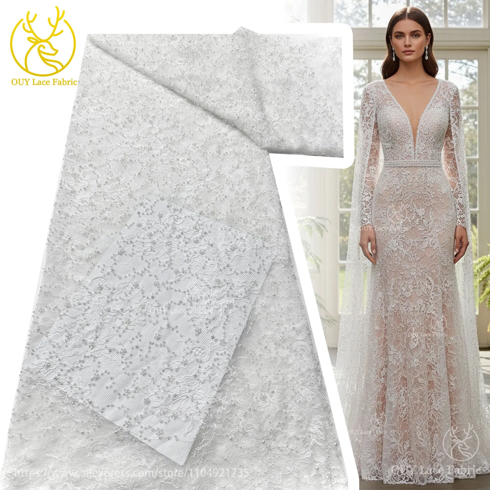 African Beaded Lace Fabric 2025 High Quality Lace French Mesh Beaded Decoration Nigerian Swiss Lace Fabric Bridal Party Dresses