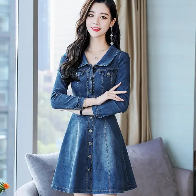 

Spring Autumn Women Shirt Denim Dress Casual Lapel Long Sleeve Cowboy Short Dress Femme Vintage Single-breasted Korean Dresses