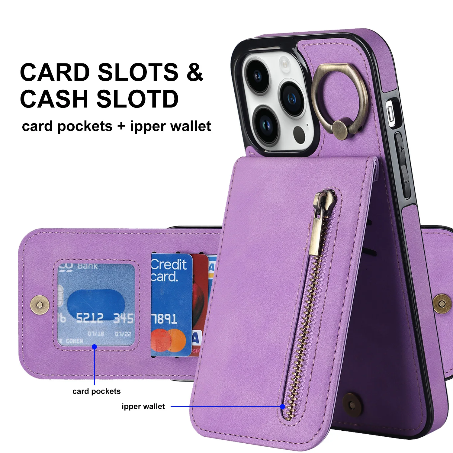 Zipper Leather Wallet Vertical Cards Solt Ring Holder Case For iPhone 14 15 Pro Max 13 12 11 XR 7 8 Plus SE 2022 RFID Bag Cover